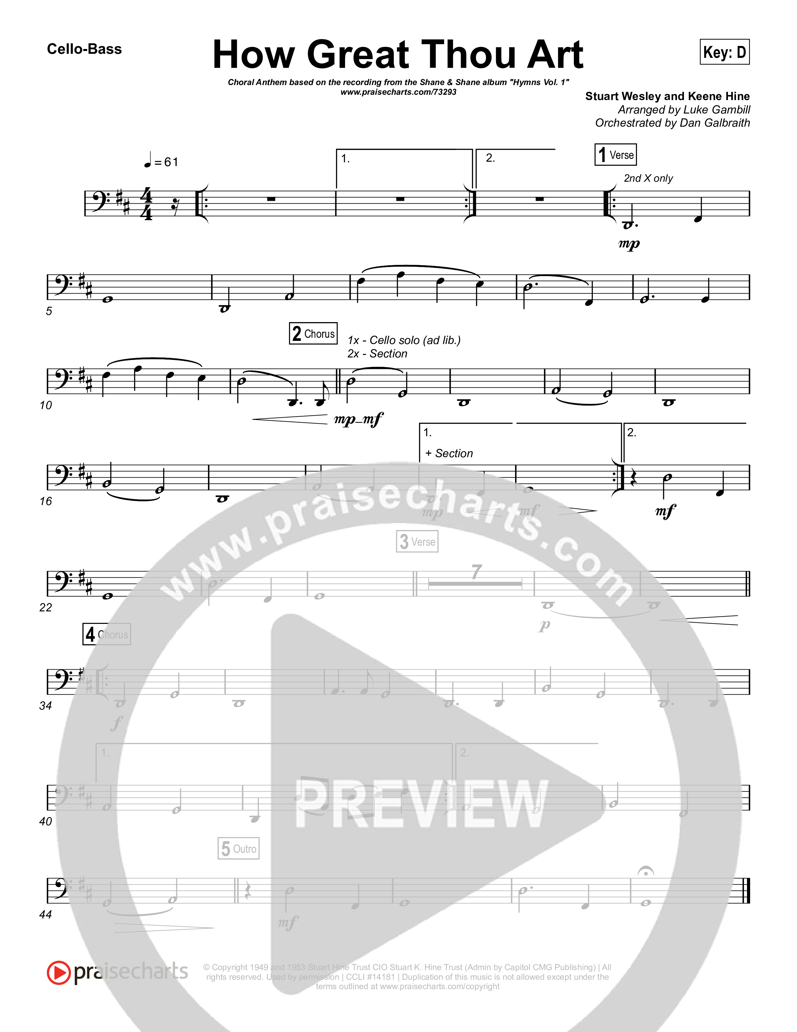 How Great Thou Art (Choral Anthem SATB) Cello/Bass (Shane & Shane / The Worship Initiative / Arr. Luke Gambill)