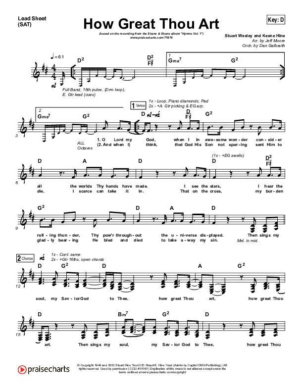 How Great Thou Art (Choral Anthem SATB) Lead Sheet (SAT) (Shane & Shane / The Worship Initiative / Arr. Luke Gambill)