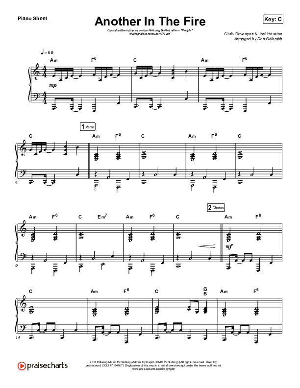 Another In The Fire (Choral Anthem SATB) Piano Sheet (Hillsong UNITED / Arr. Luke Gambill)