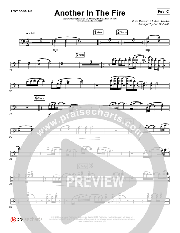 Another In The Fire (Choral Anthem SATB) Trombone 1/2 (Hillsong UNITED / Arr. Luke Gambill)