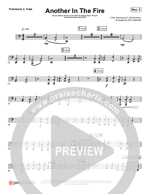 Another In The Fire (Choral Anthem SATB) Trombone 3/Tuba (Hillsong UNITED / Arr. Luke Gambill)