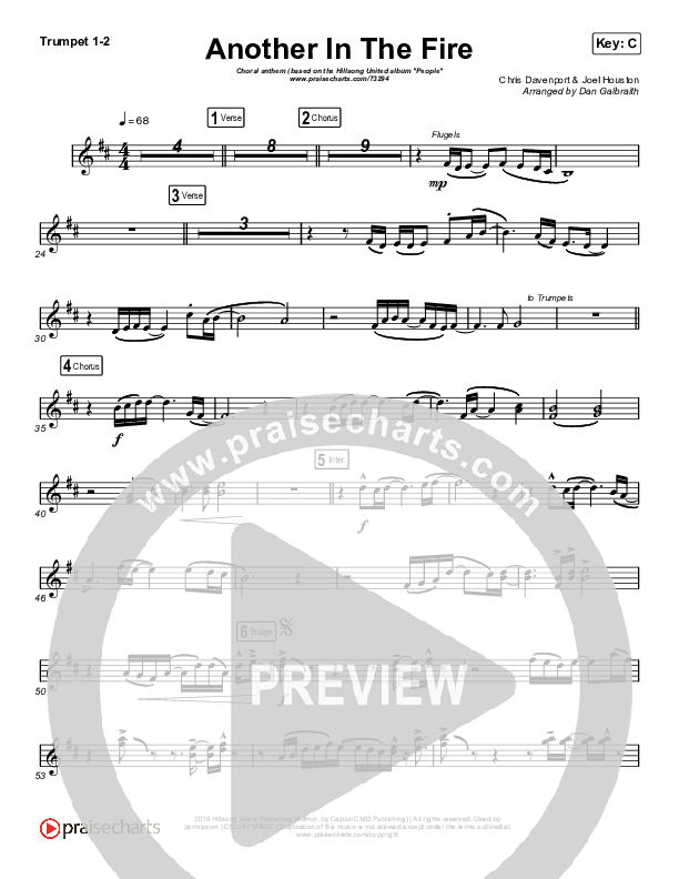Another In The Fire (Choral Anthem SATB) Trumpet 1,2 (Hillsong UNITED / Arr. Luke Gambill)