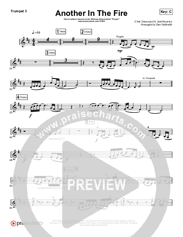 Another In The Fire (Choral Anthem SATB) Trumpet 3 (Hillsong UNITED / Arr. Luke Gambill)