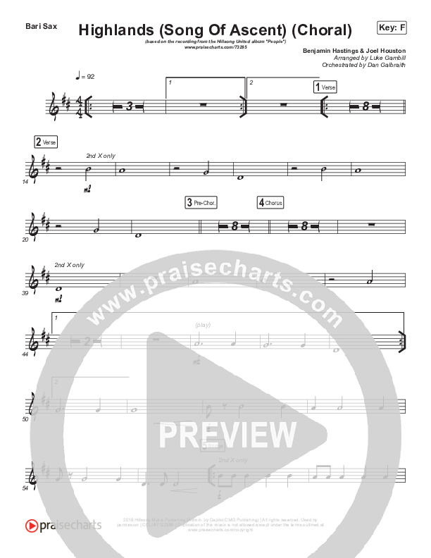Highlands (Song Of Ascent) (Choral Anthem SATB) Bari Sax (Hillsong UNITED / Arr. Luke Gambill)