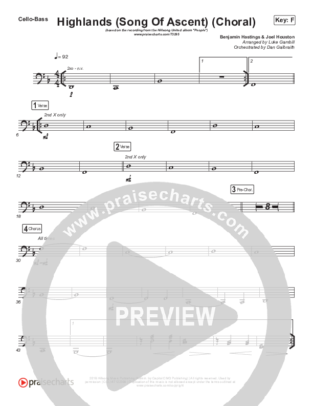 Highlands (Song Of Ascent) (Choral Anthem SATB) Cello/Bass (Hillsong UNITED / Arr. Luke Gambill)