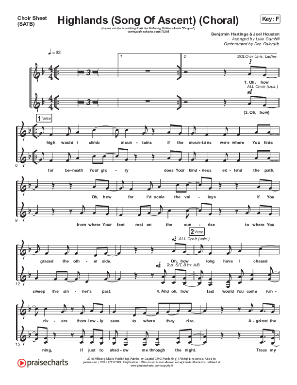 Highlands (Song Of Ascent) (Choral Anthem SATB) Choir Vocals (SATB) (Hillsong UNITED / Arr. Luke Gambill)