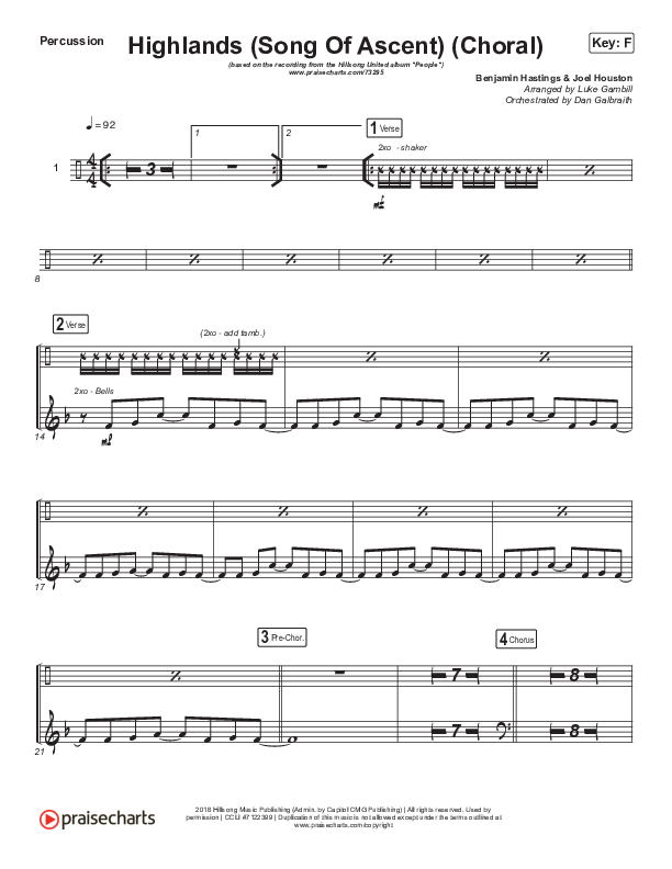 Highlands (Song Of Ascent) (Choral Anthem SATB) Percussion (Hillsong UNITED / Arr. Luke Gambill)