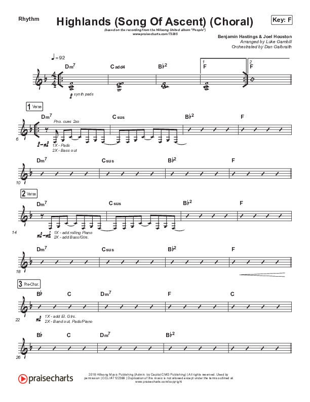 Highlands (Song Of Ascent) (Choral Anthem SATB) Rhythm Chart (Hillsong UNITED / Arr. Luke Gambill)