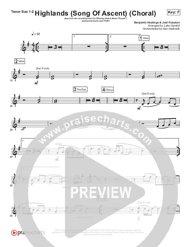 Highlands (Song Of Ascent) (Choral Anthem SATB) Tenor Sax 1/2 (Hillsong UNITED / Arr. Luke Gambill)