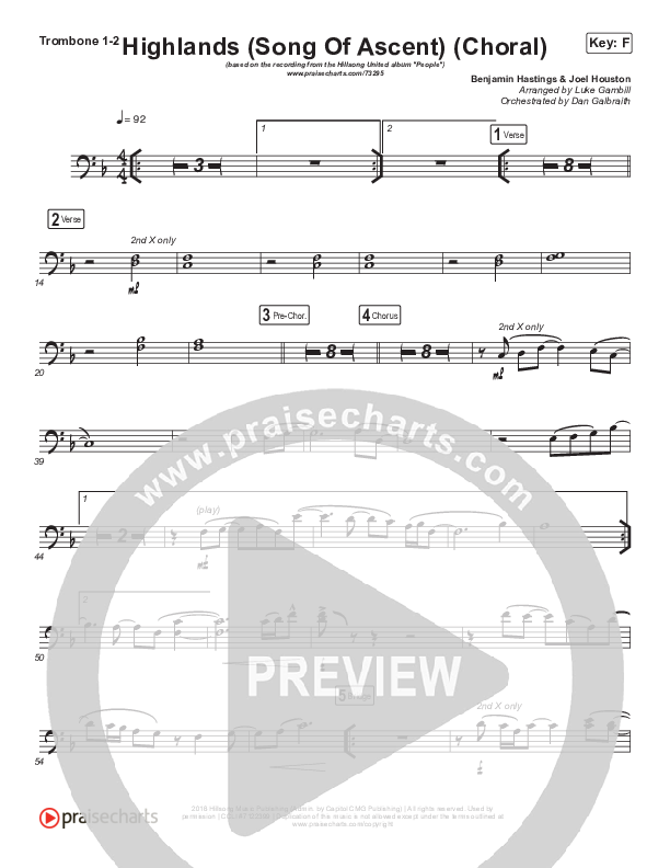 Highlands (Song Of Ascent) (Choral Anthem SATB) Trombone 1/2 (Hillsong UNITED / Arr. Luke Gambill)