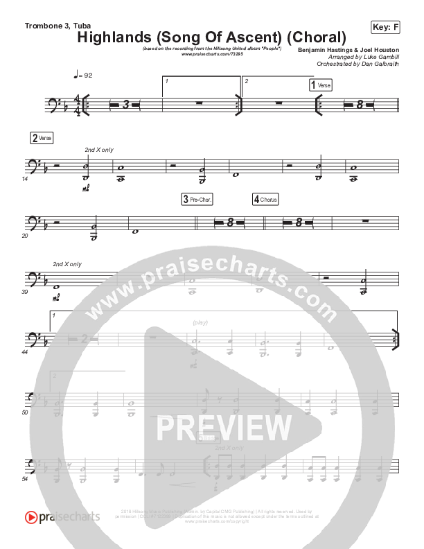 Highlands (Song Of Ascent) (Choral Anthem SATB) Trombone 3/Tuba (Hillsong UNITED / Arr. Luke Gambill)
