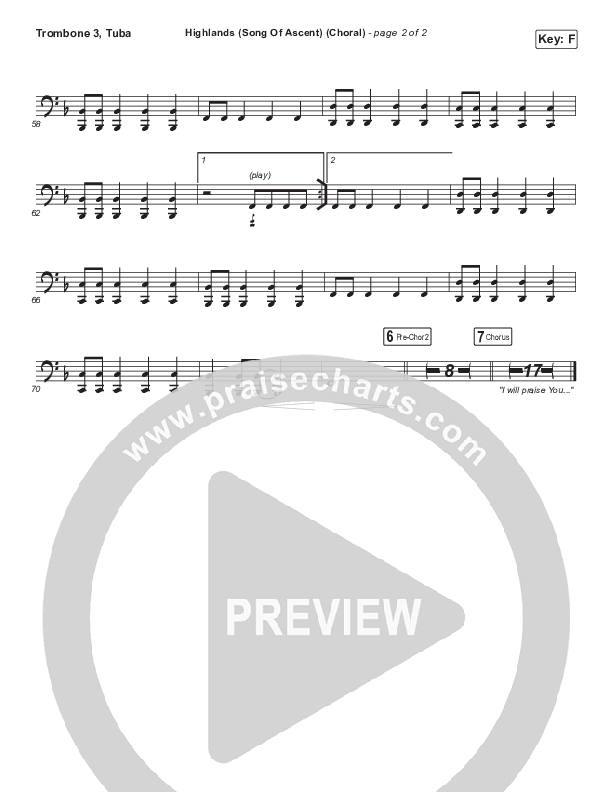 Highlands (Song Of Ascent) (Choral Anthem SATB) Trombone 3/Tuba (Hillsong UNITED / Arr. Luke Gambill)