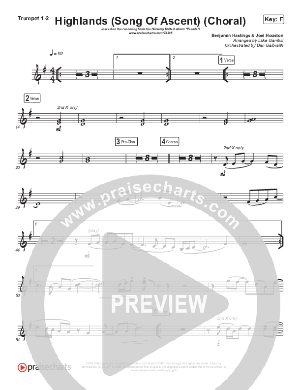 Highlands (Song Of Ascent) (Choral Anthem SATB) Trumpet 1,2 (Hillsong UNITED / Arr. Luke Gambill)