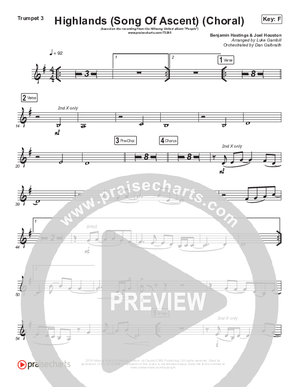 Highlands (Song Of Ascent) (Choral Anthem SATB) Trumpet 3 (Hillsong UNITED / Arr. Luke Gambill)