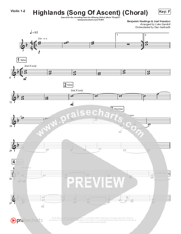 Highlands (Song Of Ascent) (Choral Anthem SATB) Violin 1/2 (Hillsong UNITED / Arr. Luke Gambill)