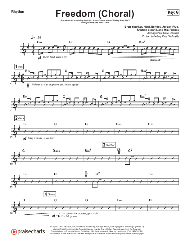 Freedom (Choral Anthem SATB) Rhythm Chart (Jesus Culture / Kim Walker-Smith / Arr. Luke Gambill)