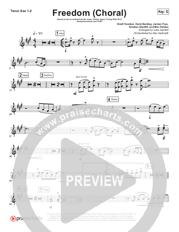 Freedom (Choral Anthem SATB) Tenor Sax 1/2 (Jesus Culture / Kim Walker-Smith / Arr. Luke Gambill)