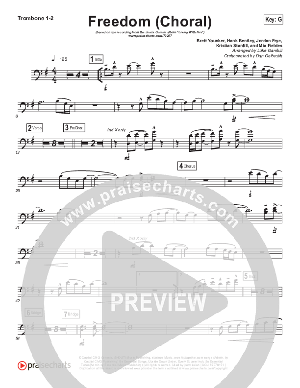 Freedom (Choral Anthem SATB) Trombone 1/2 (Jesus Culture / Kim Walker-Smith / Arr. Luke Gambill)