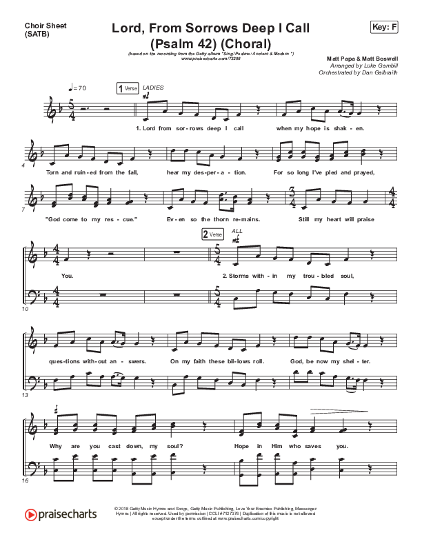 Lord From Sorrows Deep I Call (Psalm 42) (Choral Anthem SATB) Choir Sheet (SATB) (Matt Papa / Keith & Kristyn Getty / Arr. Luke Gambill)