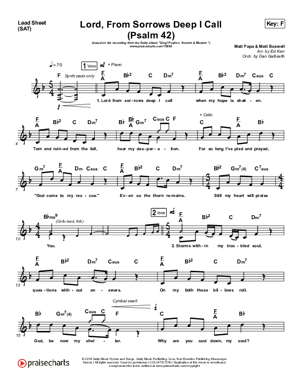 Lord From Sorrows Deep I Call (Psalm 42) (Choral Anthem SATB) Lead Sheet (SAT) (Matt Papa / Keith & Kristyn Getty / Arr. Luke Gambill)