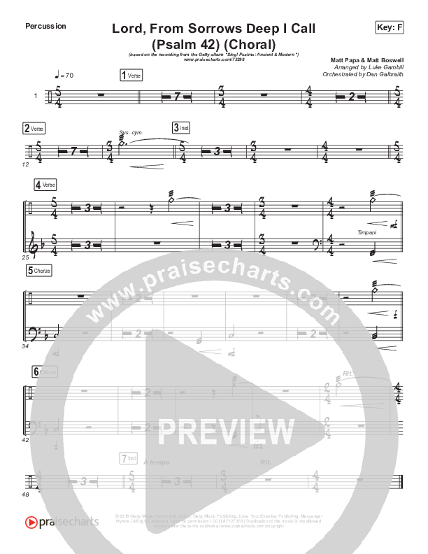 Lord From Sorrows Deep I Call (Psalm 42) (Choral Anthem SATB) Percussion (Matt Papa / Keith & Kristyn Getty / Arr. Luke Gambill)