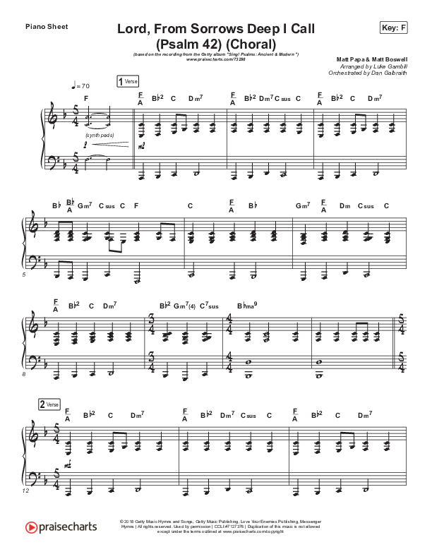 Lord From Sorrows Deep I Call (Psalm 42) (Choral Anthem SATB) Piano Sheet (Matt Papa / Keith & Kristyn Getty / Arr. Luke Gambill)