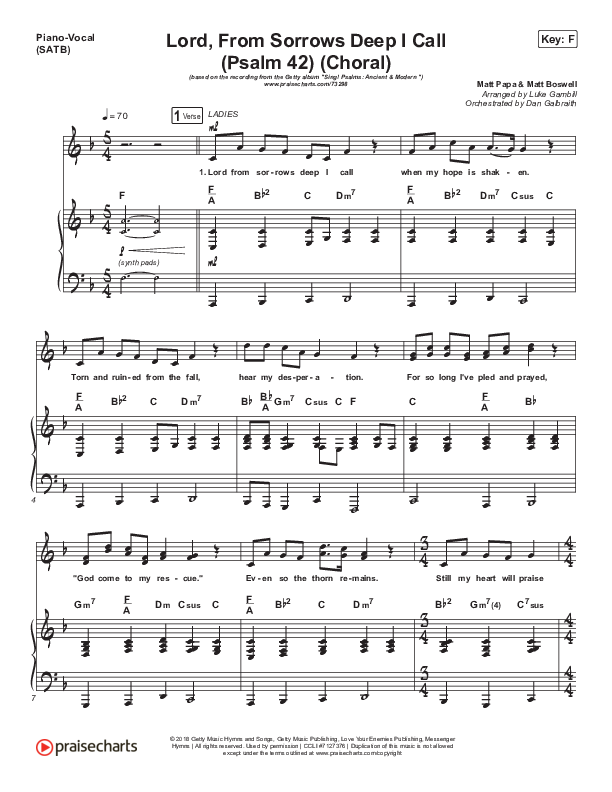 Lord From Sorrows Deep I Call (Psalm 42) (Choral Anthem SATB) Piano/Vocal (SATB) (Matt Papa / Keith & Kristyn Getty / Arr. Luke Gambill)