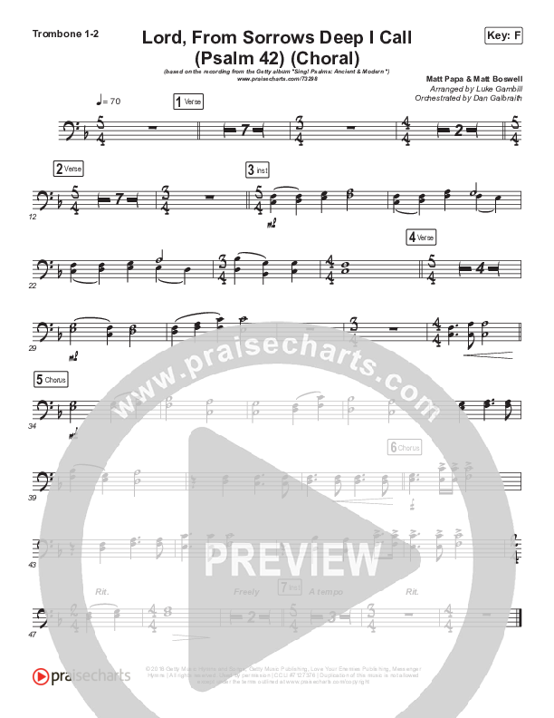 Lord From Sorrows Deep I Call (Psalm 42) (Choral Anthem SATB) Trombone 1/2 (Matt Papa / Keith & Kristyn Getty / Arr. Luke Gambill)