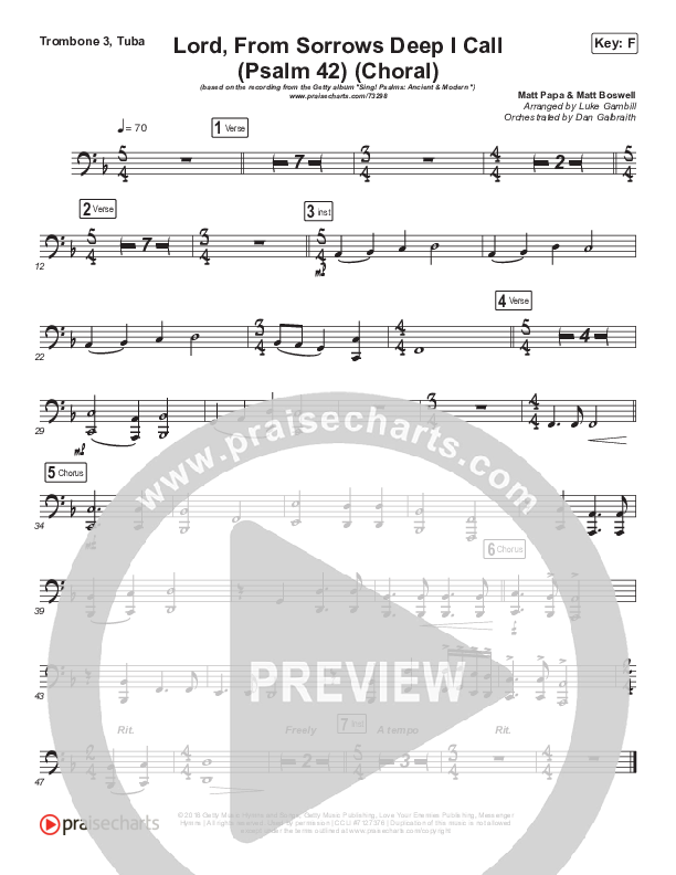 Lord From Sorrows Deep I Call (Psalm 42) (Choral Anthem SATB) Trombone 3/Tuba (Matt Papa / Keith & Kristyn Getty / Arr. Luke Gambill)