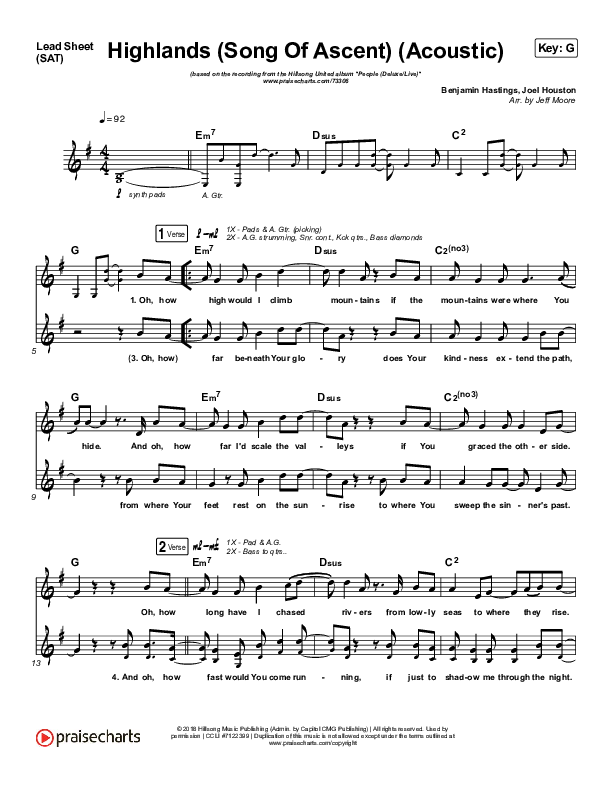 Highlands (Song Of Ascent) (Acoustic) Lead Sheet (SAT) (Hillsong UNITED)