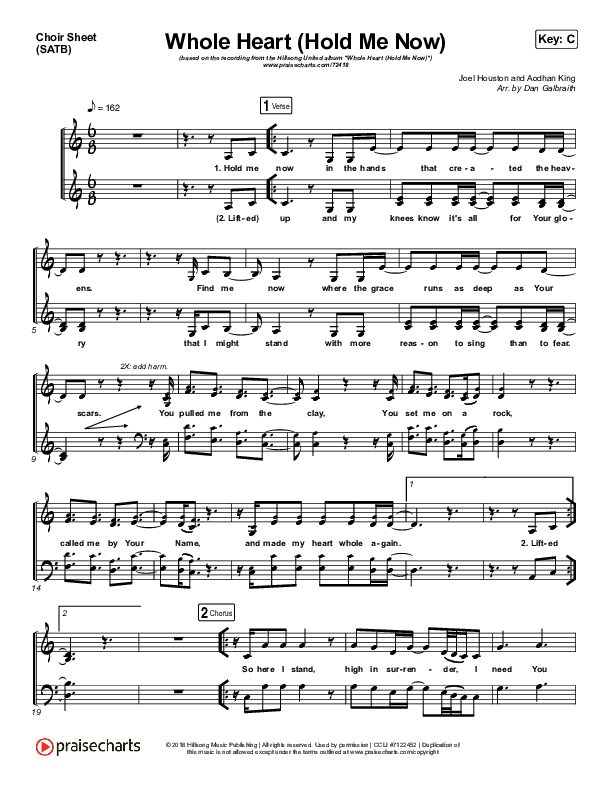 Whole Heart (Hold Me Now) (Acoustic) Choir Sheet (SATB) (Hillsong UNITED)