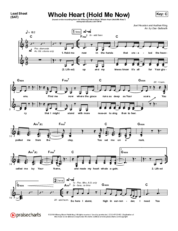 Whole Heart (Hold Me Now) (Acoustic) Lead Sheet (SAT) (Hillsong UNITED)
