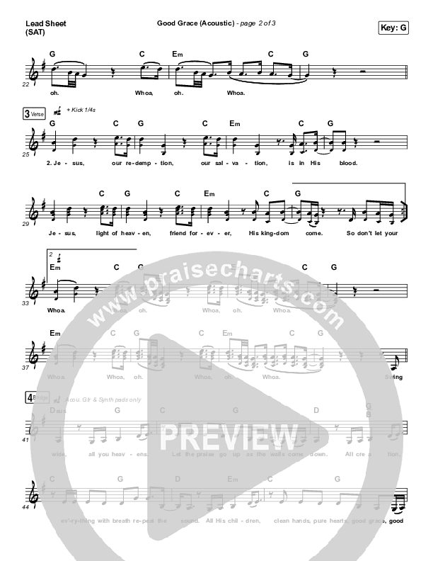 Good Grace (Acoustic) Lead Sheet (SAT) (Hillsong UNITED)
