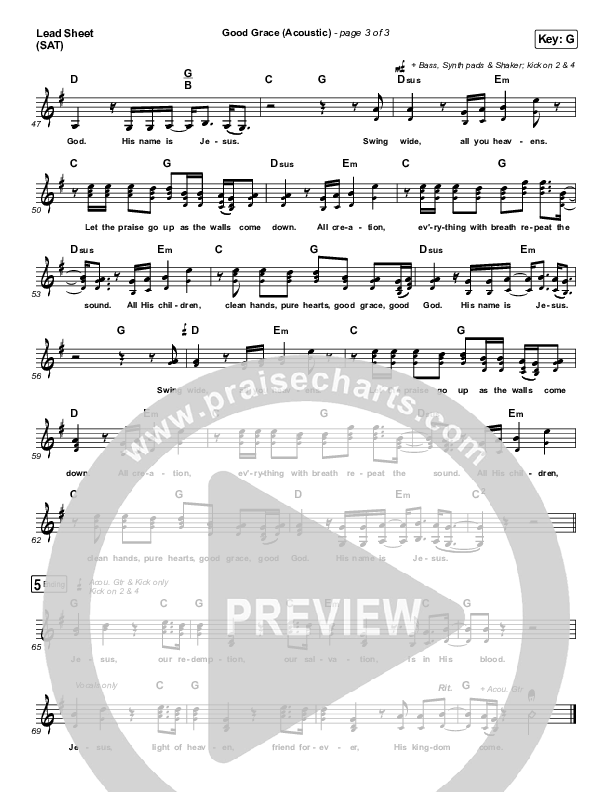 Good Grace (Acoustic) Lead Sheet (SAT) (Hillsong UNITED)
