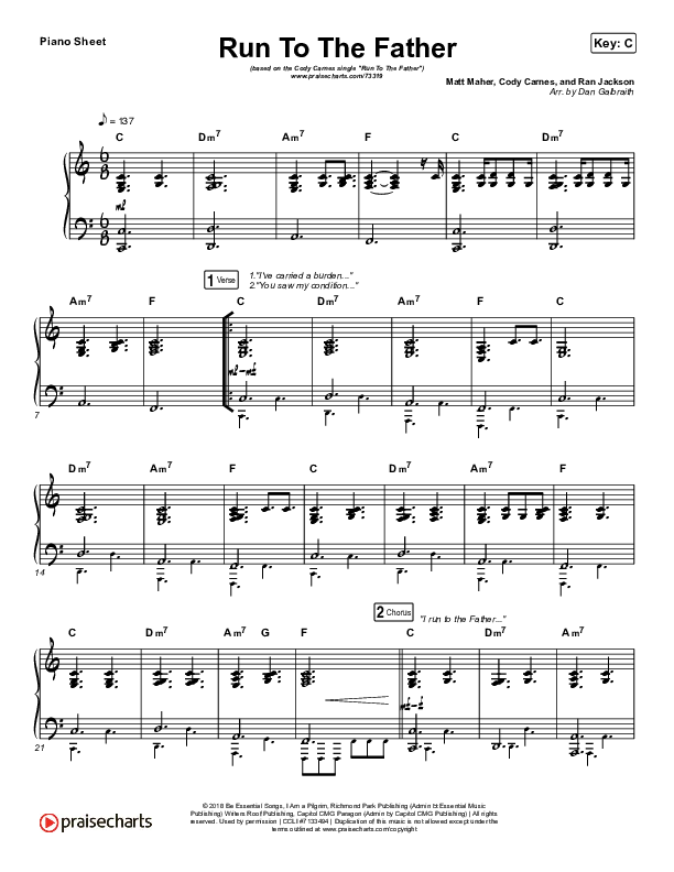 Run To The Father Piano Sheet (Cody Carnes)