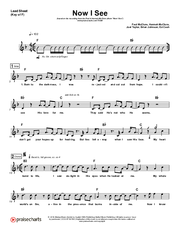Now I See Lead Sheet (Melody) (Paul McClure / Hannah McClure / The McClures)