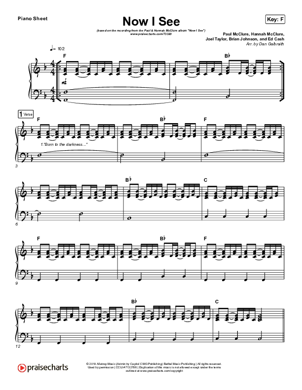 Now I See Piano Sheet (Paul McClure / Hannah McClure / The McClures)