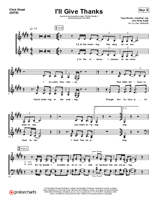 I'll Give Thanks (Live) Choir Sheet (SATB) (Housefires / Kirby Kaple)