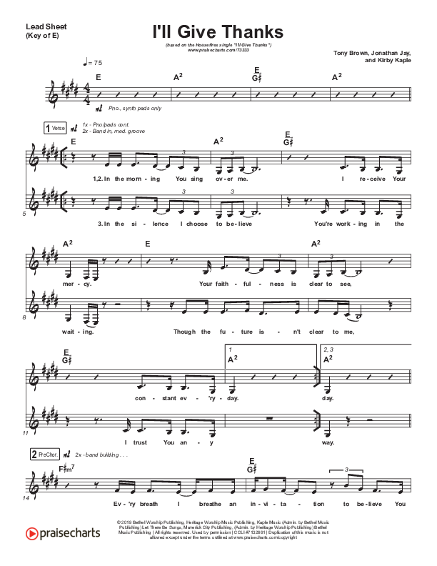 I'll Give Thanks (Live) Lead Sheet (Melody) (Housefires / Kirby Kaple)