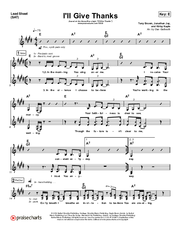 I'll Give Thanks (Live) Lead Sheet (SAT) (Housefires / Kirby Kaple)