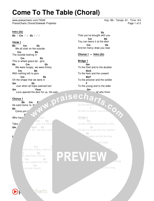 Come To The Table (Choral Anthem SATB) Chords & Lyrics (Sidewalk Prophets / Arr. Luke Gambill)