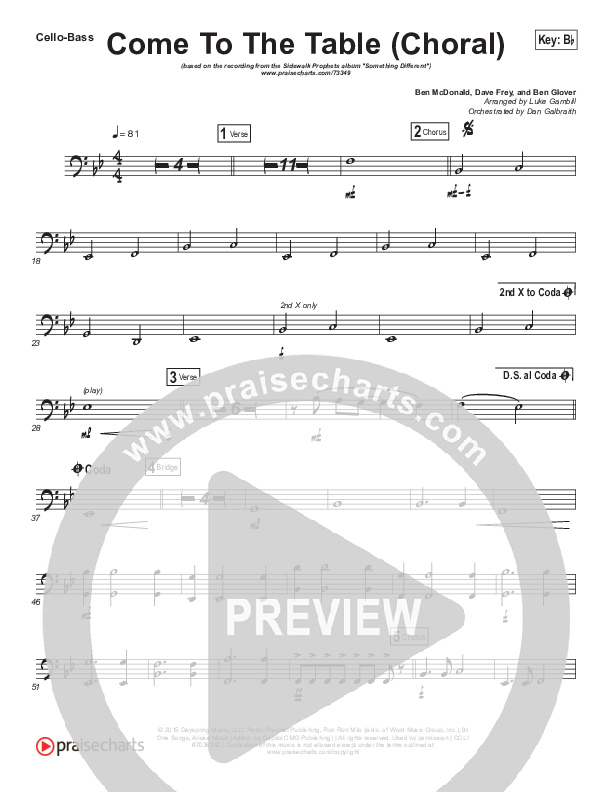 Come To The Table (Choral Anthem SATB) Cello/Bass (Sidewalk Prophets / Arr. Luke Gambill)