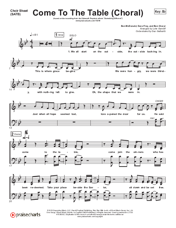 Come To The Table (Choral Anthem SATB) Choir Sheet (SATB) (Sidewalk Prophets / Arr. Luke Gambill)
