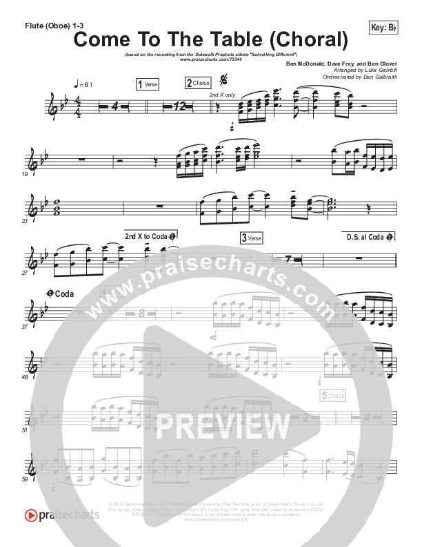 Come To The Table (Choral Anthem SATB) Flute/Oboe 1/2/3 (Sidewalk Prophets / Arr. Luke Gambill)