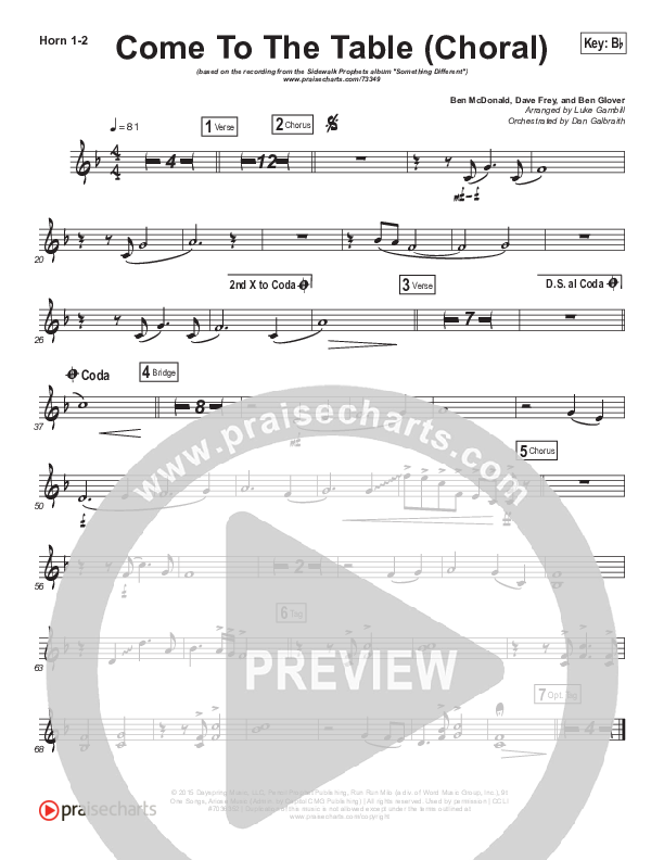 Come To The Table (Choral Anthem SATB) French Horn 1/2 (Sidewalk Prophets / Arr. Luke Gambill)