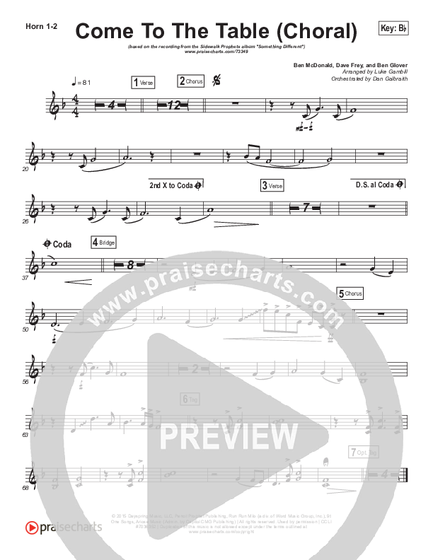Come To The Table (Choral Anthem SATB) French Horn 1/2 (Sidewalk Prophets / Arr. Luke Gambill)