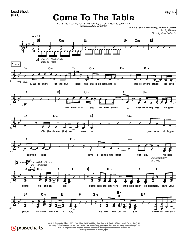 Come To The Table (Choral Anthem SATB) Lead Sheet (SAT) (Sidewalk Prophets / Arr. Luke Gambill)