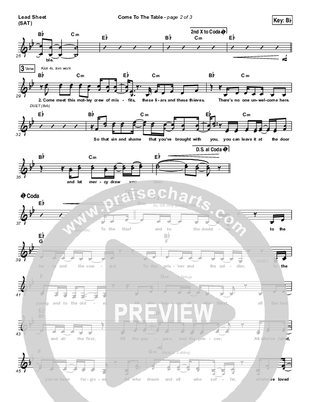 Come To The Table (Choral Anthem SATB) Lead Sheet (SAT) (Sidewalk Prophets / Arr. Luke Gambill)