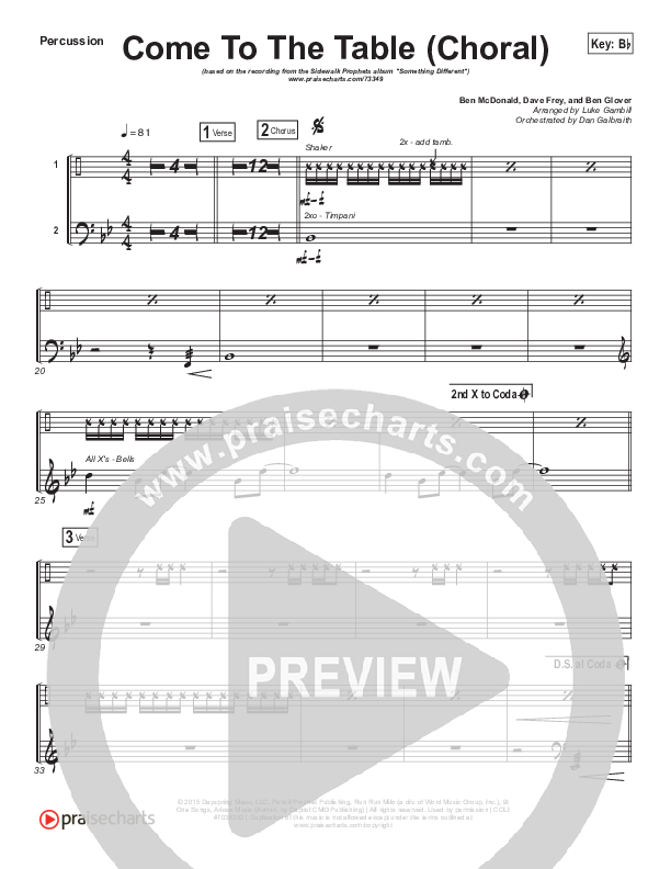 Come To The Table (Choral Anthem SATB) Percussion (Sidewalk Prophets / Arr. Luke Gambill)