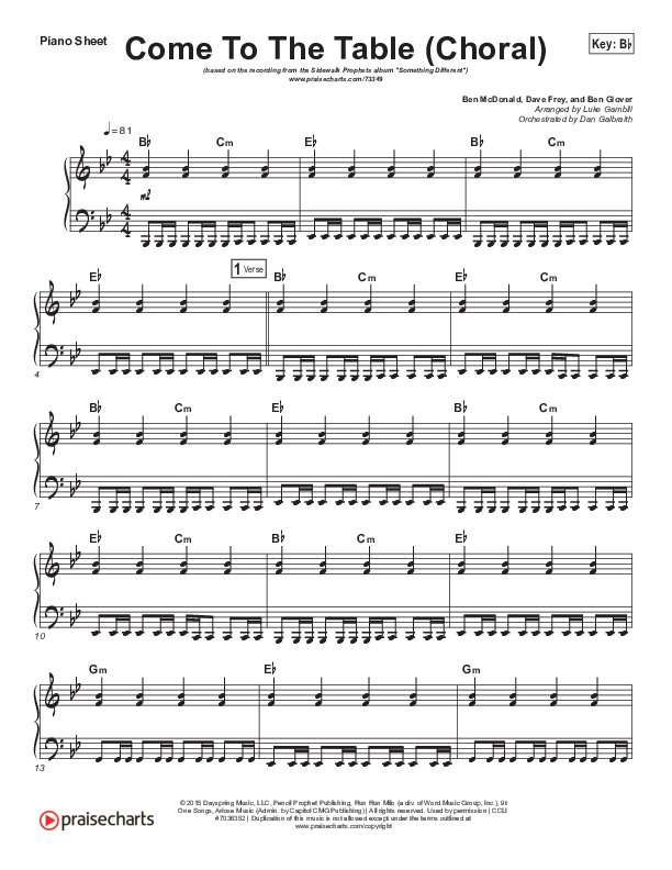 Come To The Table (Choral Anthem SATB) Piano Sheet (Sidewalk Prophets / Arr. Luke Gambill)